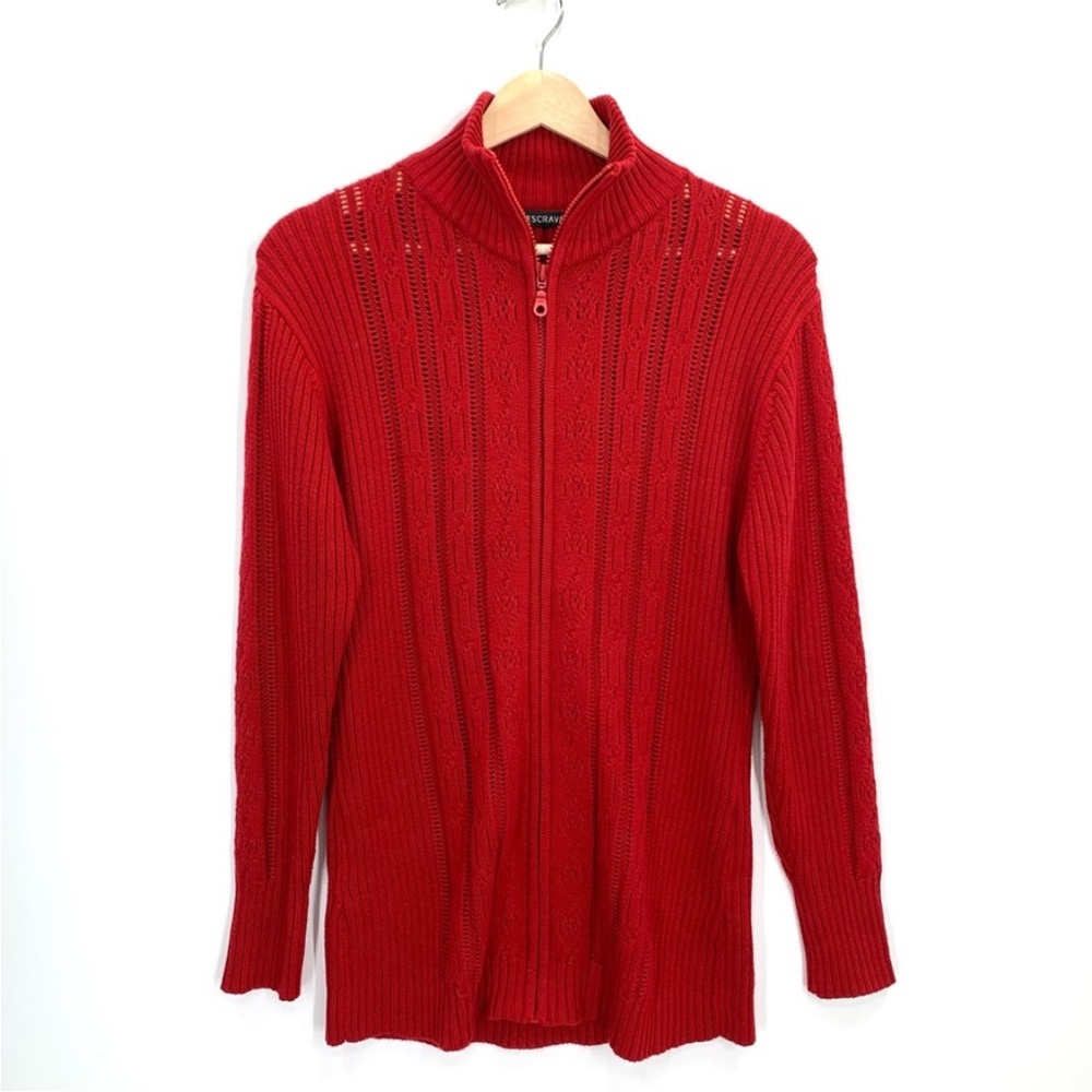 Red Cable Knit Cardigan Sweater Full Front Zip Size Medium